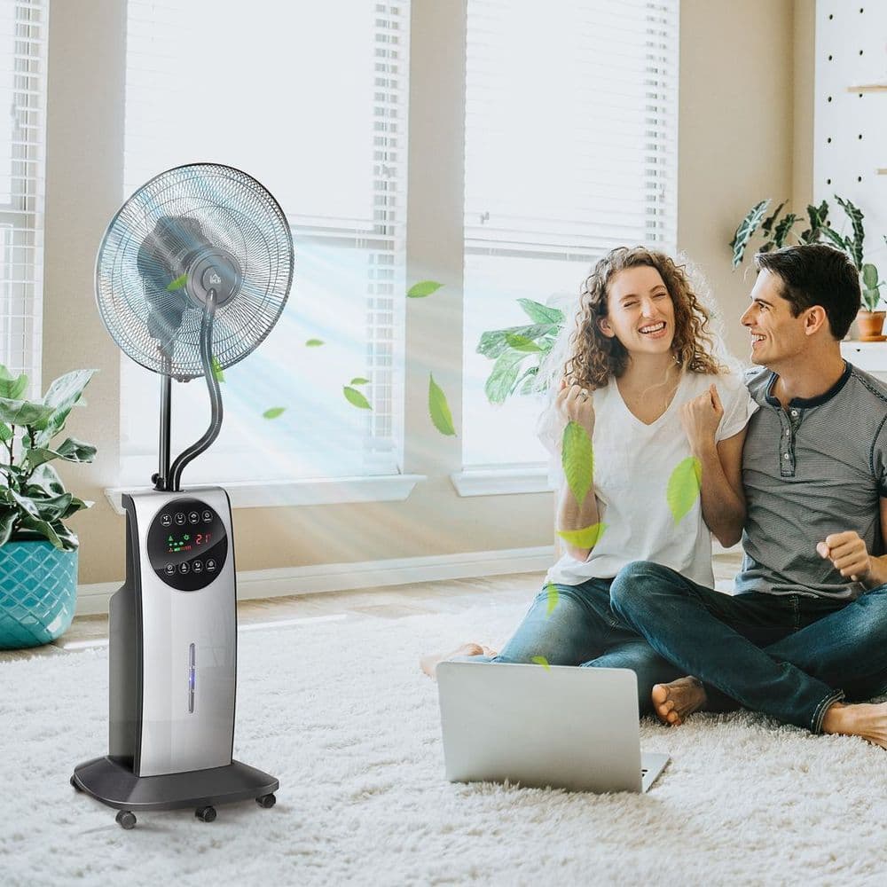 image-Pedestal Fan with Water Mist Spray Standing Fan w/ 3.1L Water Tank Black
