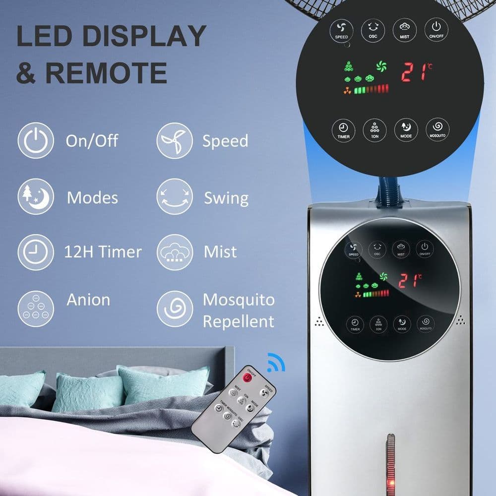 image-Pedestal Fan with Water Mist Spray Standing Fan w/ 3.1L Water Tank Black