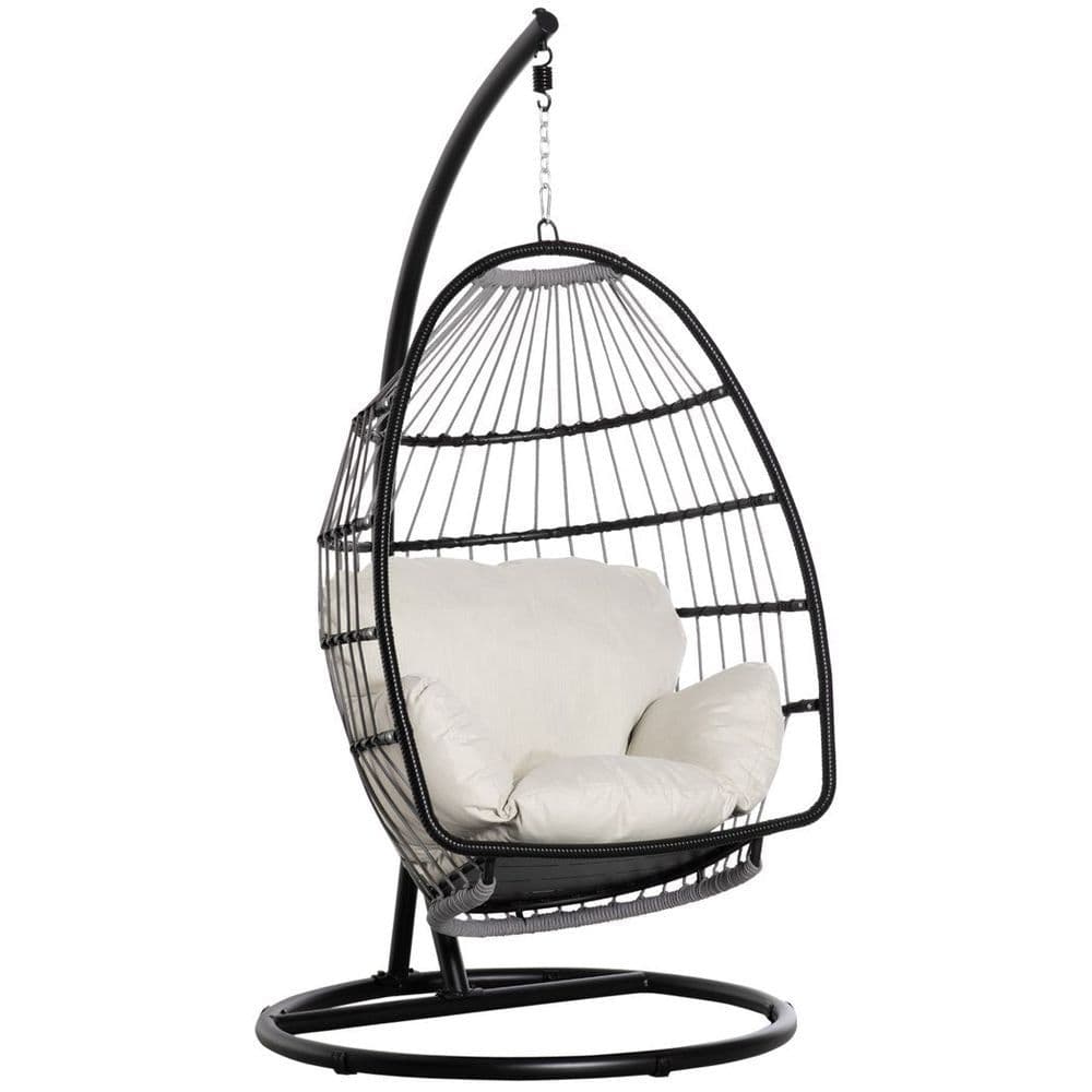 image-Rattan Weave Hanging Egg Chair w/ Folding Design Indoor & Outdoor Black