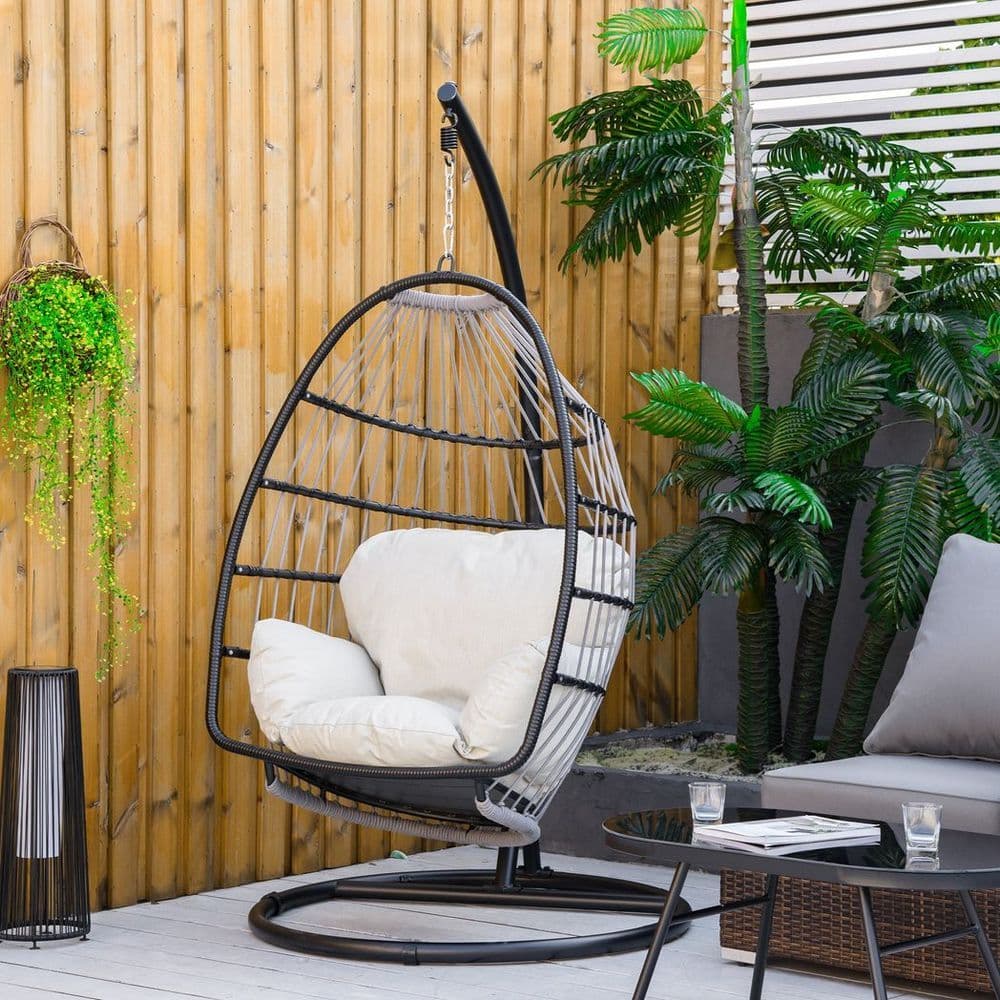 image-Rattan Weave Hanging Egg Chair w/ Folding Design Indoor & Outdoor Black