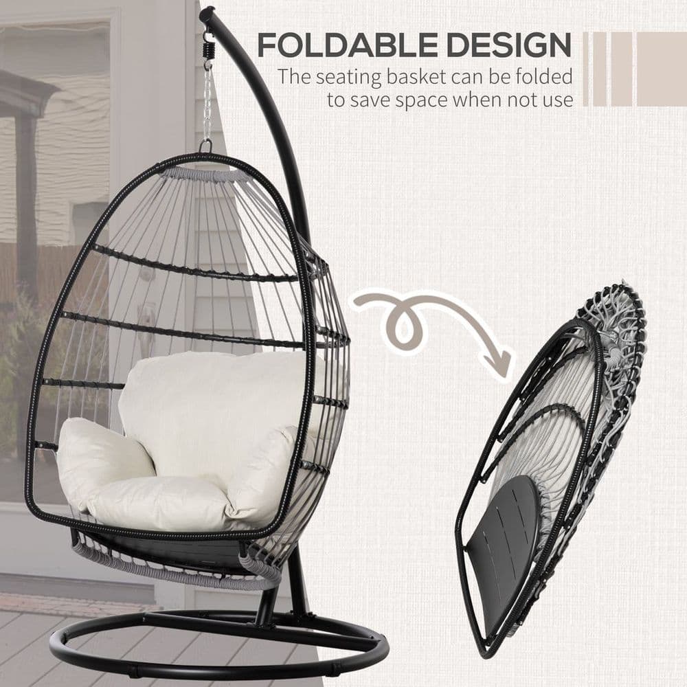 image-Rattan Weave Hanging Egg Chair w/ Folding Design Indoor & Outdoor Black