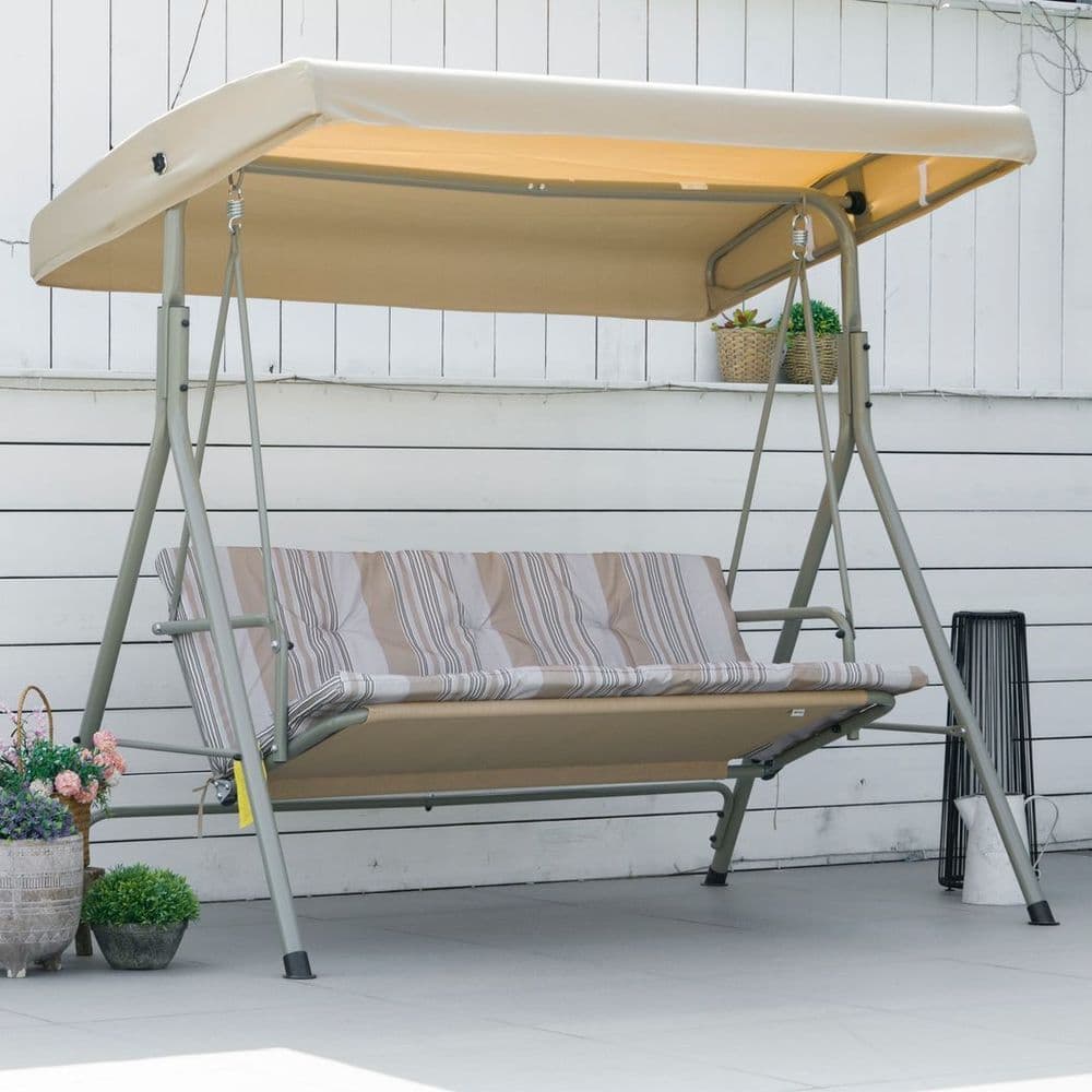 image-3 Person Porch Swing Chair Outdoor Lounge Bench Canopy Light Brown