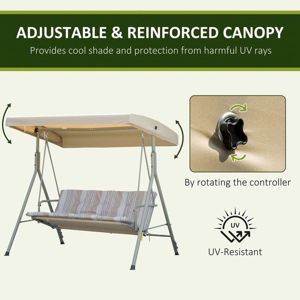 image-3 Person Porch Swing Chair Outdoor Lounge Bench Canopy Light Brown