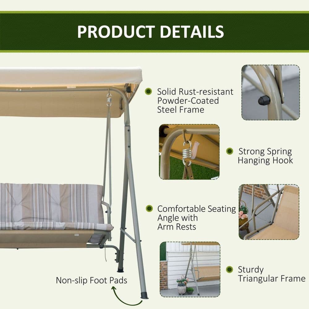 image-3 Person Porch Swing Chair Outdoor Lounge Bench Canopy Light Brown