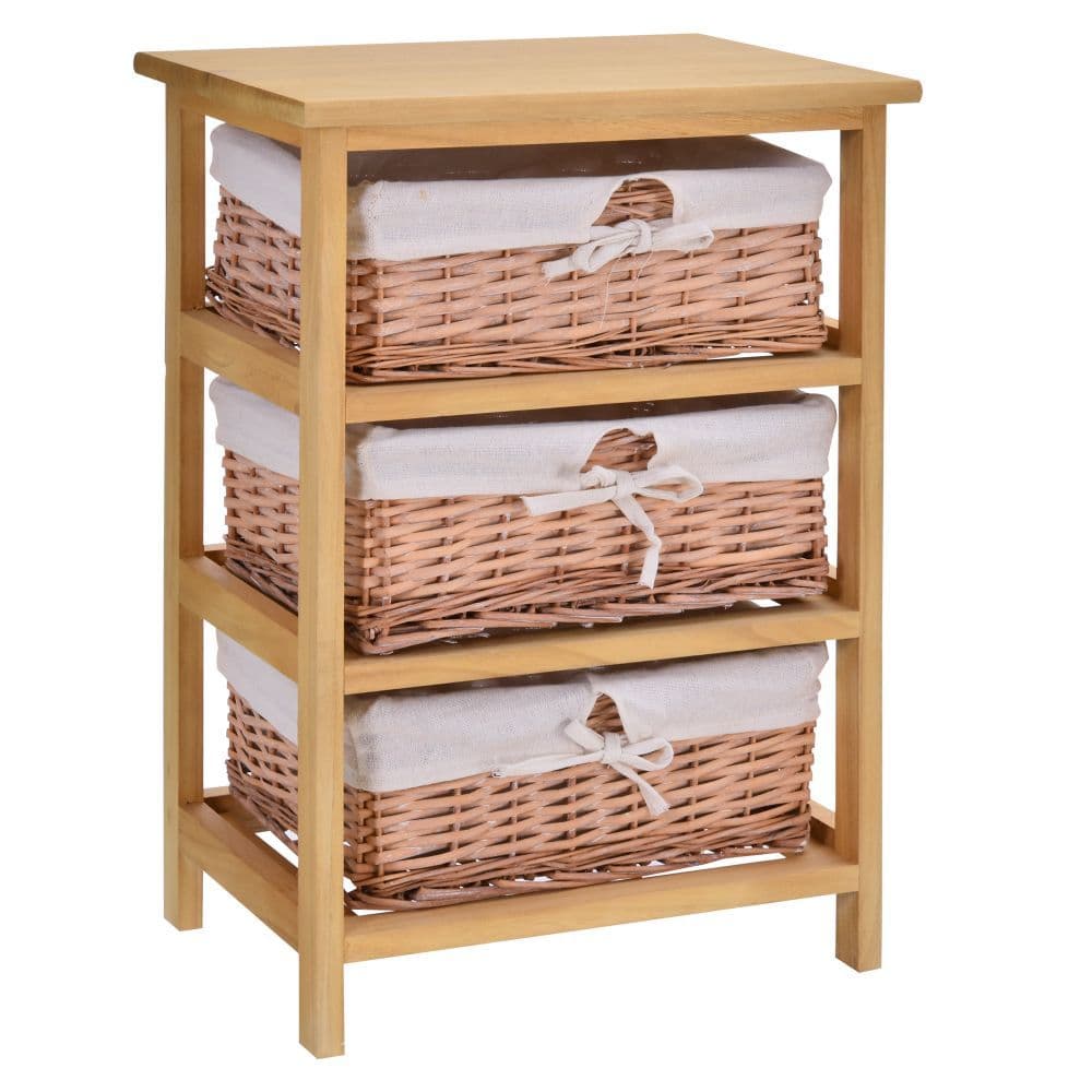 image-3 Drawer Wicker Basket Storage Shelf Unit Wooden Frame Home Natural