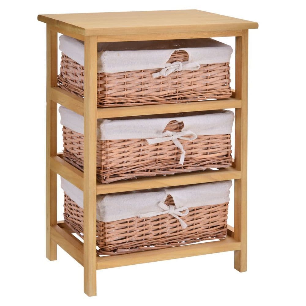 image-3 Drawer Wicker Basket Storage Shelf Unit Wooden Frame Home Natural