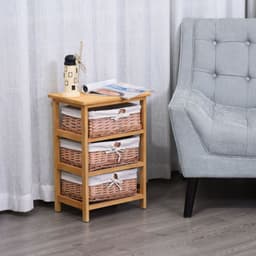 image-3 Drawer Wicker Basket Storage Shelf Unit Wooden Frame Home Natural