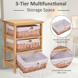 image-3 Drawer Wicker Basket Storage Shelf Unit Wooden Frame Home Natural