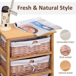 image-3 Drawer Wicker Basket Storage Shelf Unit Wooden Frame Home Natural