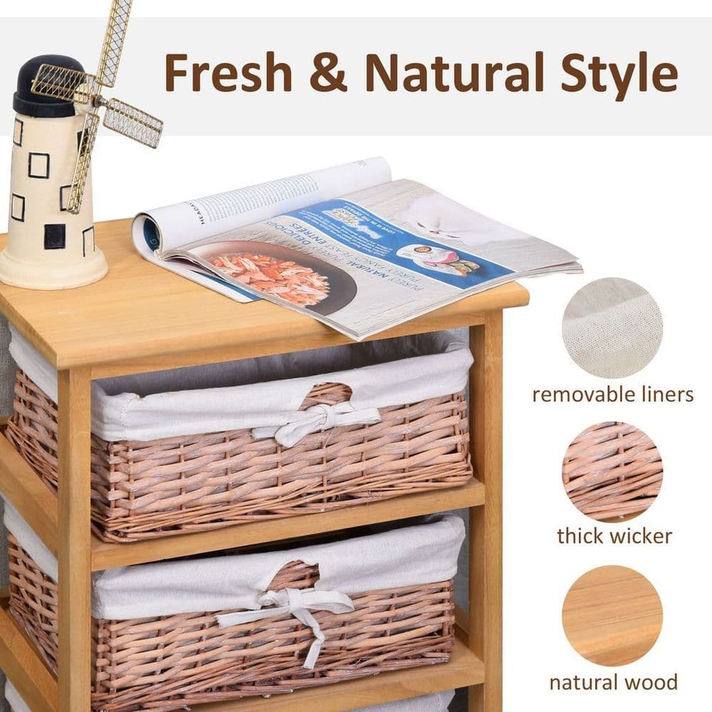image-3 Drawer Wicker Basket Storage Shelf Unit Wooden Frame Home Natural