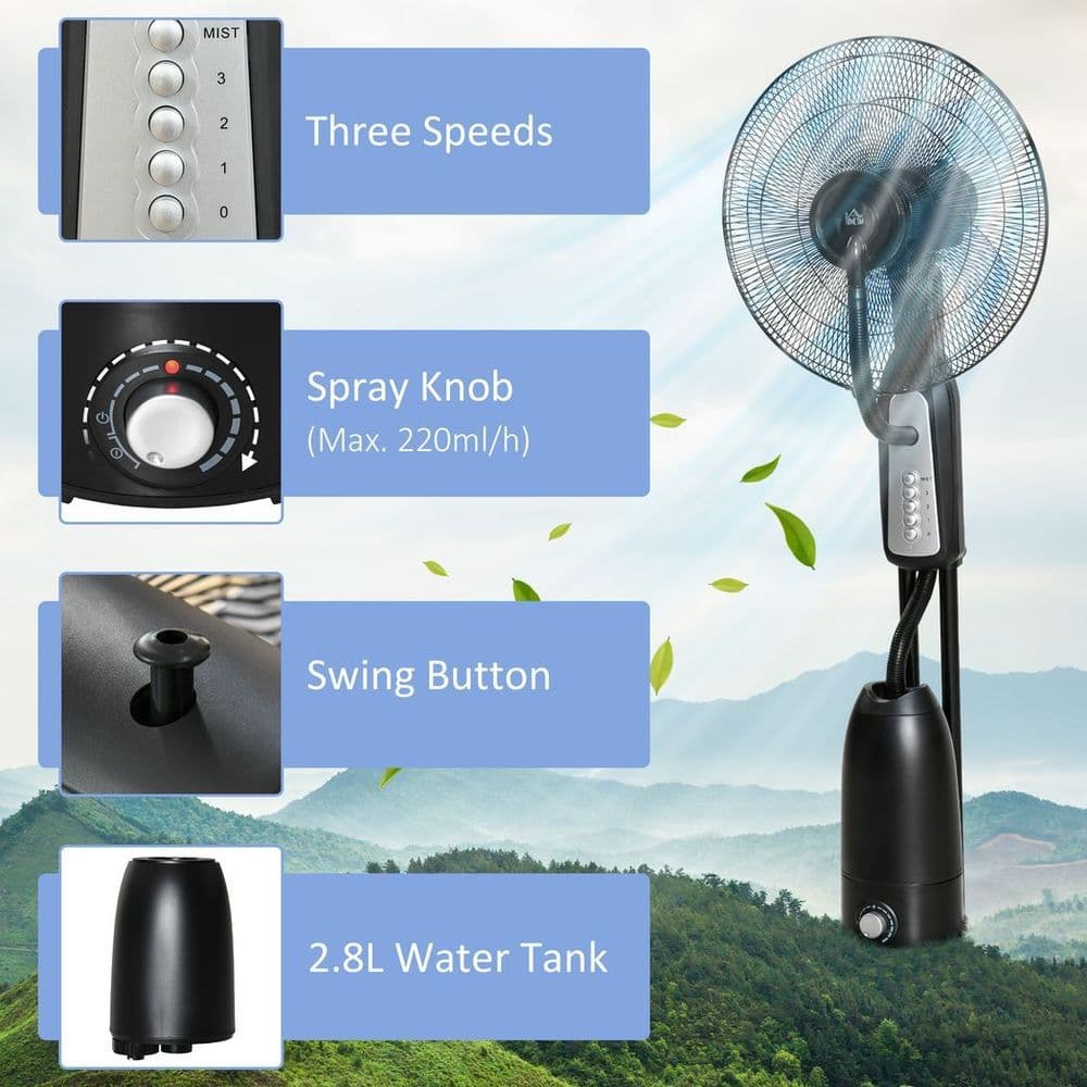 image-Pedestal Fan with Water Mist Spray Standing Fan w/ 2.8L Water Tank Black