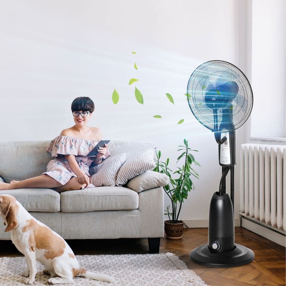image-Pedestal Fan with Water Mist Spray Standing Fan w/ 2.8L Water Tank Black