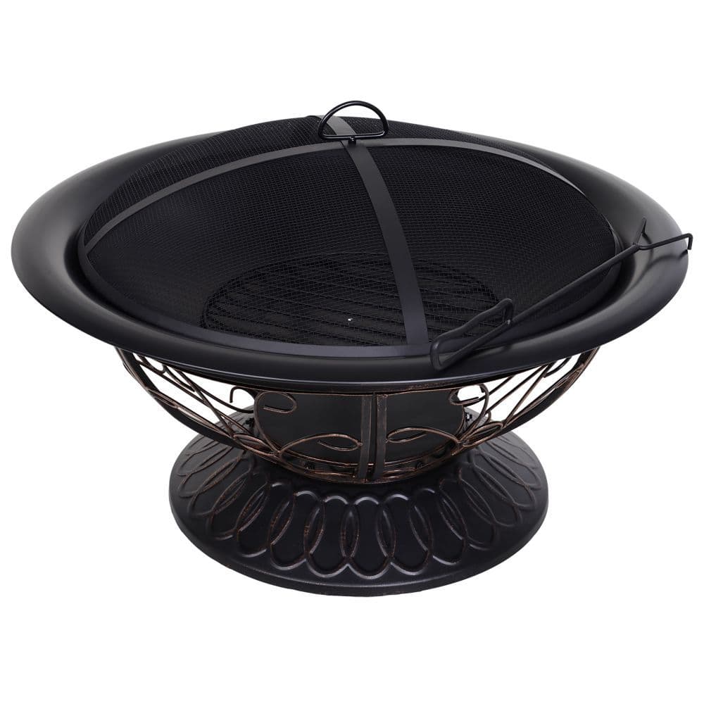 image-76cm Round Garden Firepit Patio Heater with Poker, Cover,Wood Log Grade