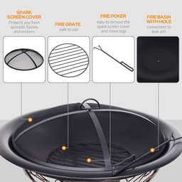 image-76cm Round Garden Firepit Patio Heater with Poker, Cover,Wood Log Grade