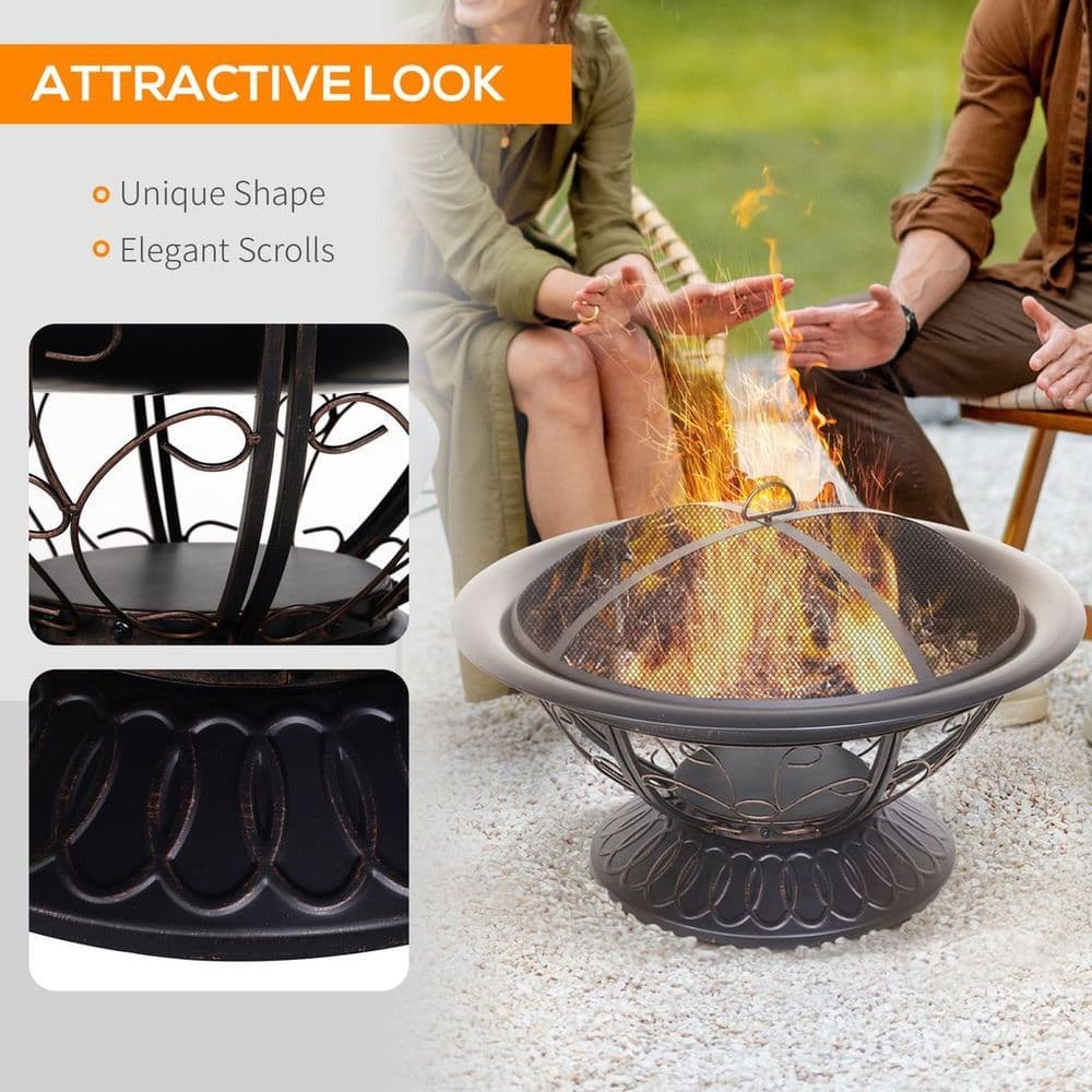 image-76cm Round Garden Firepit Patio Heater with Poker, Cover,Wood Log Grade