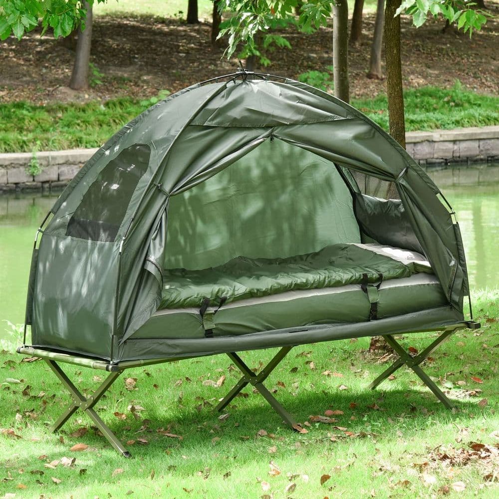 image-Outdoor 1 Person Folding Dome Tent Hiking Camping Bed Cot W/ Sleeping Bag New