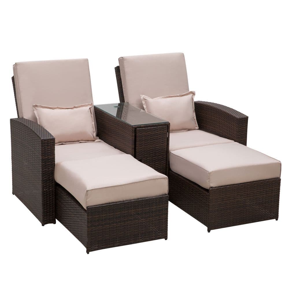 image-Garden Double Rattan Sun Lounger Sofa Recliner Wicker Patio Brown