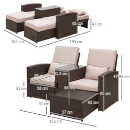 image-Garden Double Rattan Sun Lounger Sofa Recliner Wicker Patio Brown