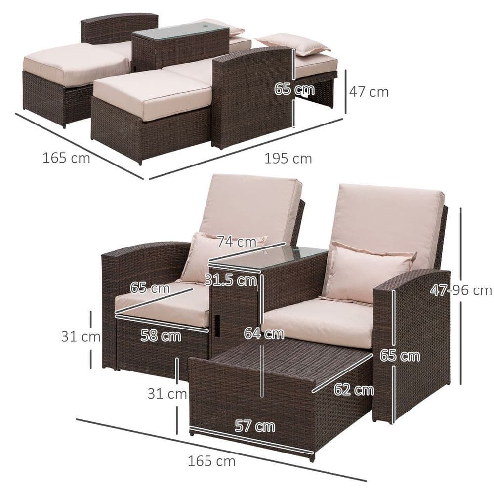 image-Garden Double Rattan Sun Lounger Sofa Recliner Wicker Patio Brown