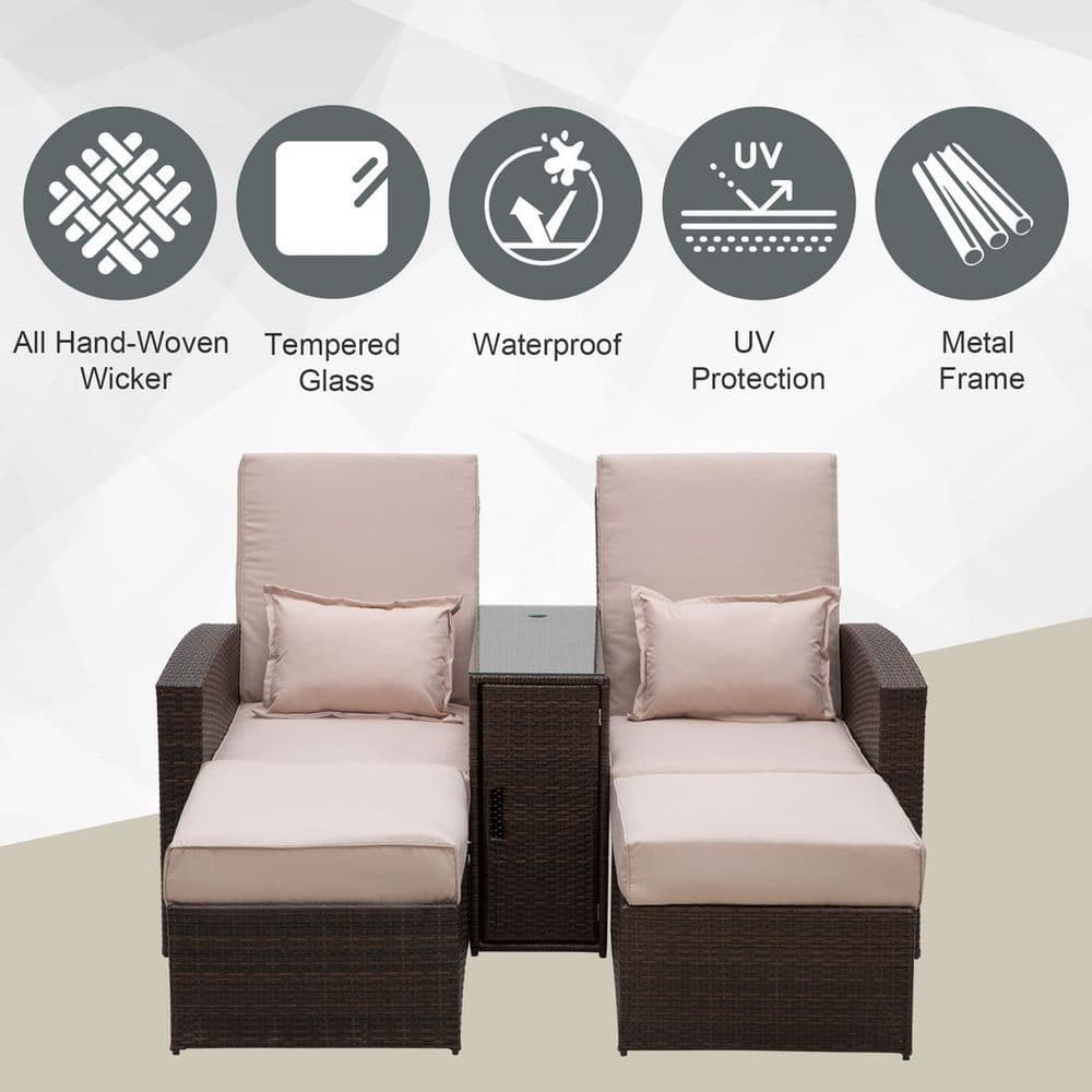 image-Garden Double Rattan Sun Lounger Sofa Recliner Wicker Patio Brown