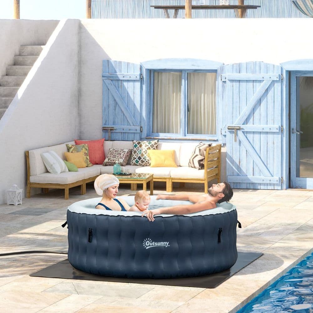 image-Round Inflatable Hot Tub Bubble Spa w/ Pump,Cover,4-6 Person, Dark Blue