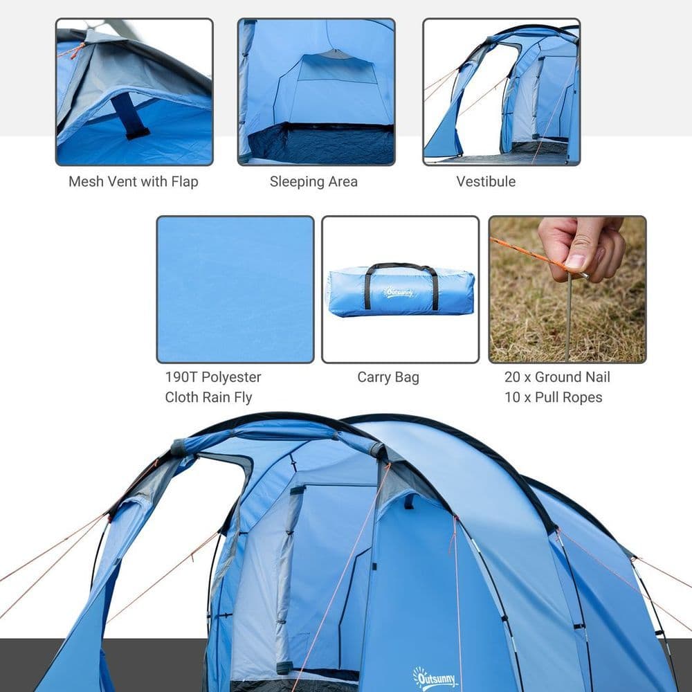 image-3 Man 2 Room Tent Camping Tent With Living Area Air Vents Blue