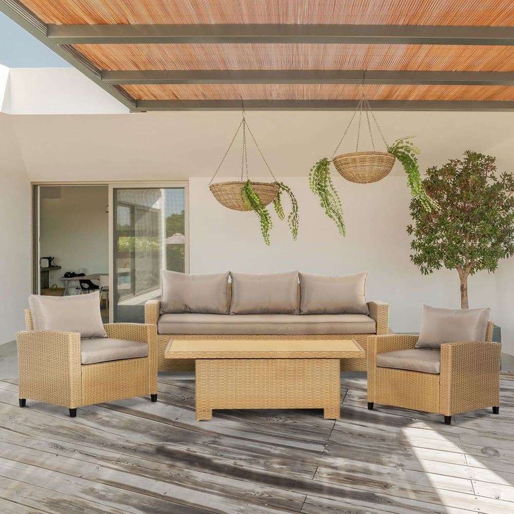 image-4 PCS Patio Wicker Aluminum Conversation Furniture Sofa Set w/ Table