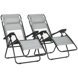 image-Foldable Garden Recliner Chair Set of 2 w/ Footstool & Headrest, Grey