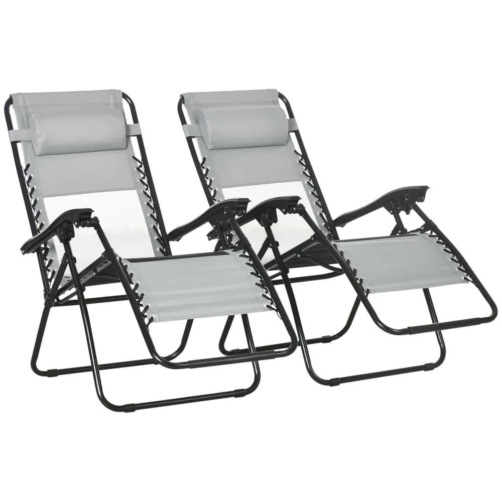 image-Foldable Garden Recliner Chair Set of 2 w/ Footstool & Headrest, Grey