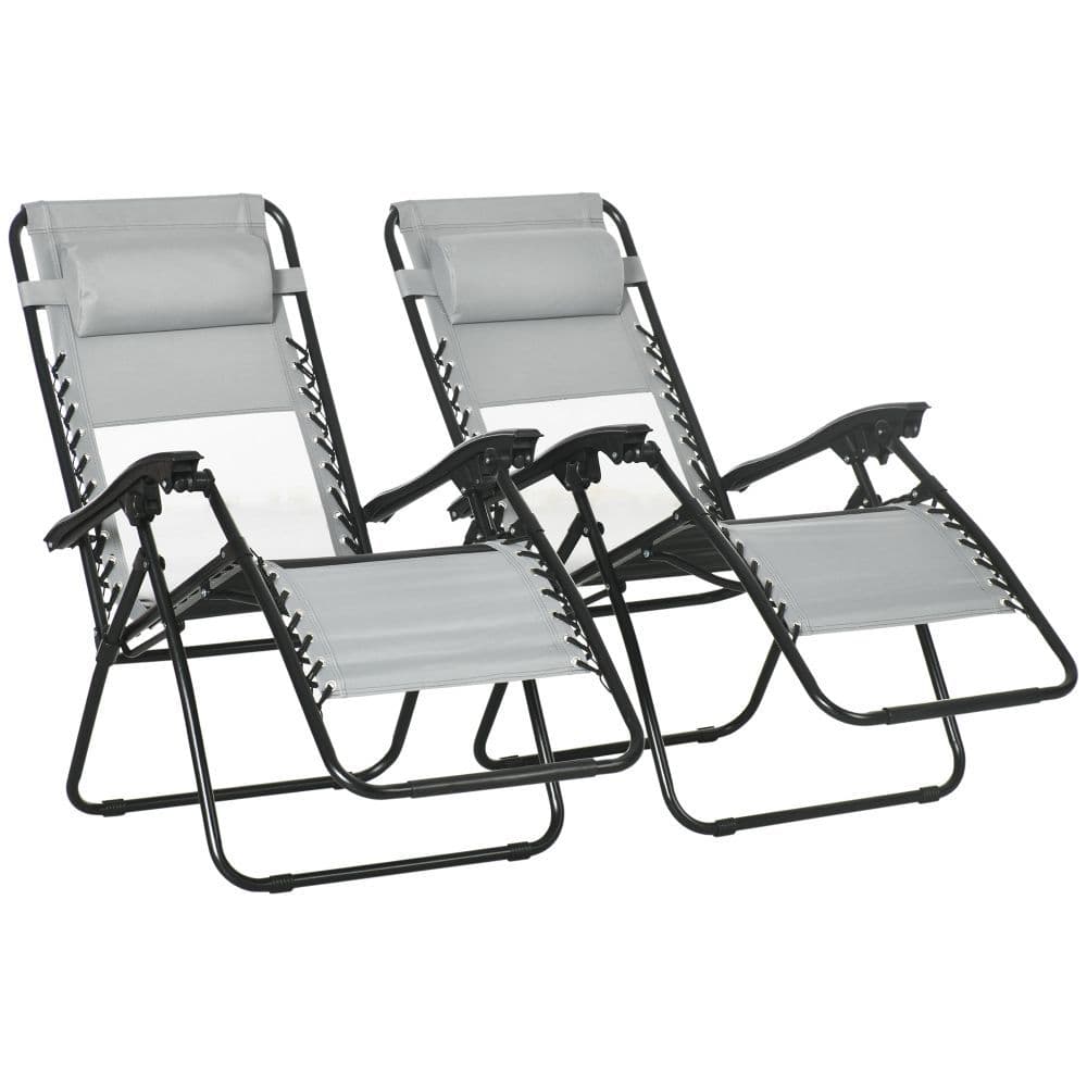 image-Foldable Garden Recliner Chair Set of 2 w/ Footstool & Headrest, Grey