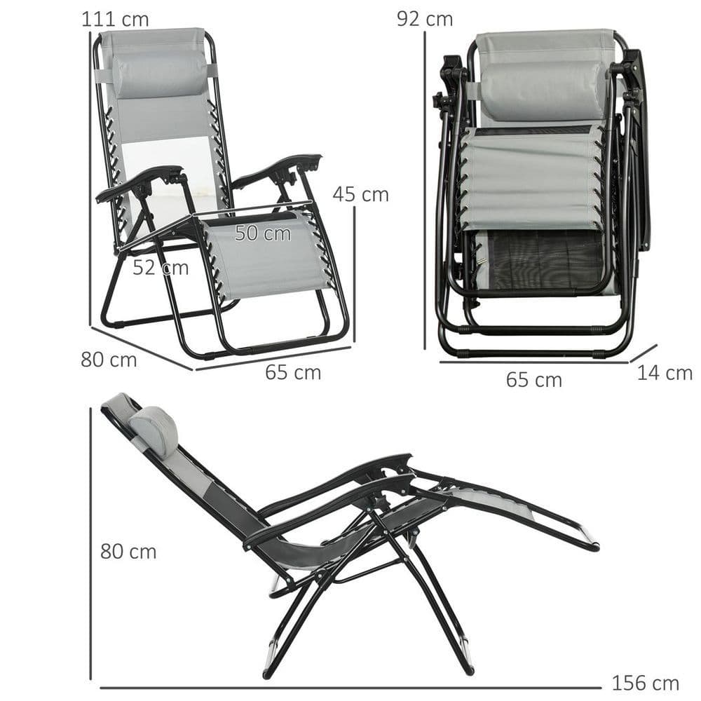 image-Foldable Garden Recliner Chair Set of 2 w/ Footstool & Headrest, Grey