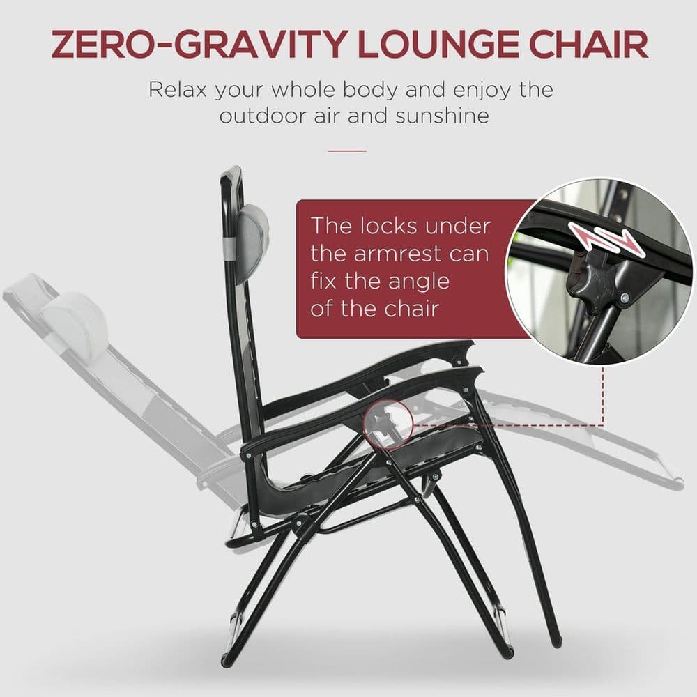 image-Foldable Garden Recliner Chair Set of 2 w/ Footstool & Headrest, Grey