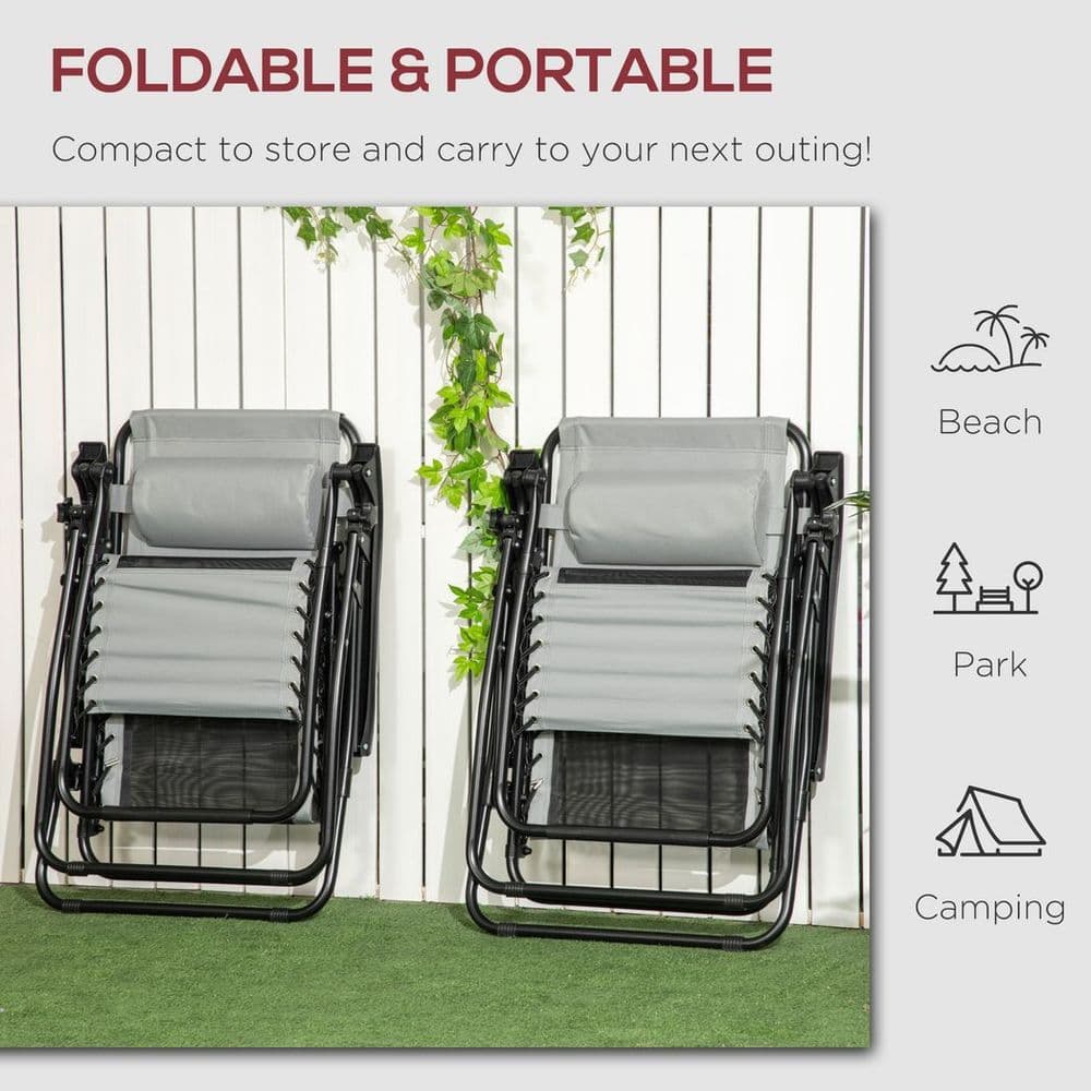 image-Foldable Garden Recliner Chair Set of 2 w/ Footstool & Headrest, Grey
