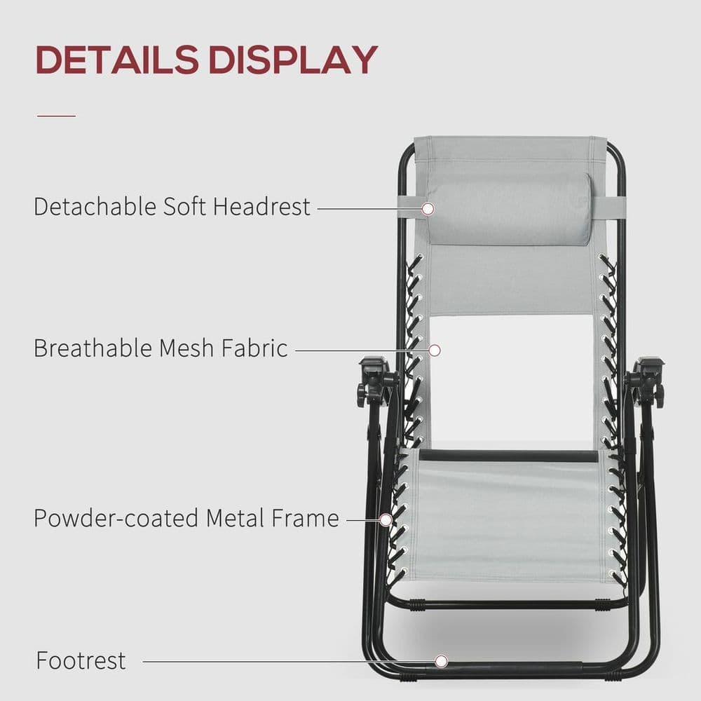image-Foldable Garden Recliner Chair Set of 2 w/ Footstool & Headrest, Grey