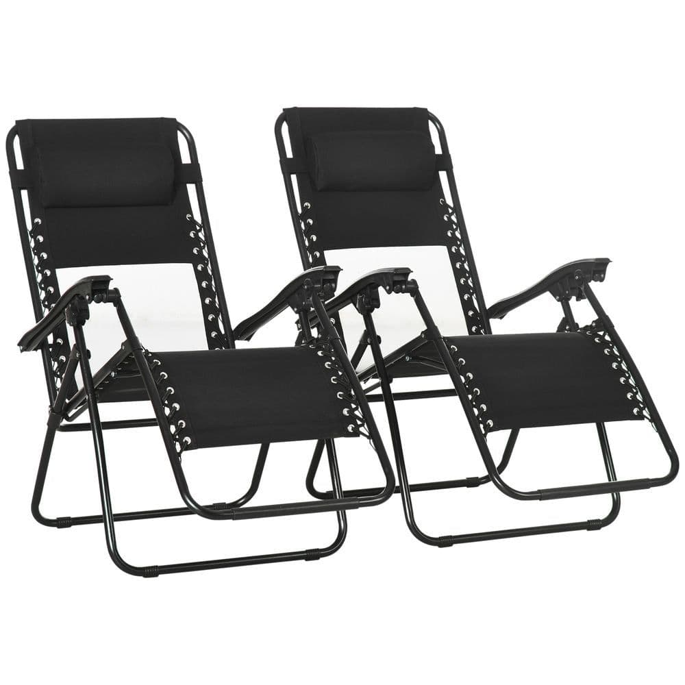image-Foldable Garden Recliner Chair Set of 2 w/ Footstool & Headrest, Black