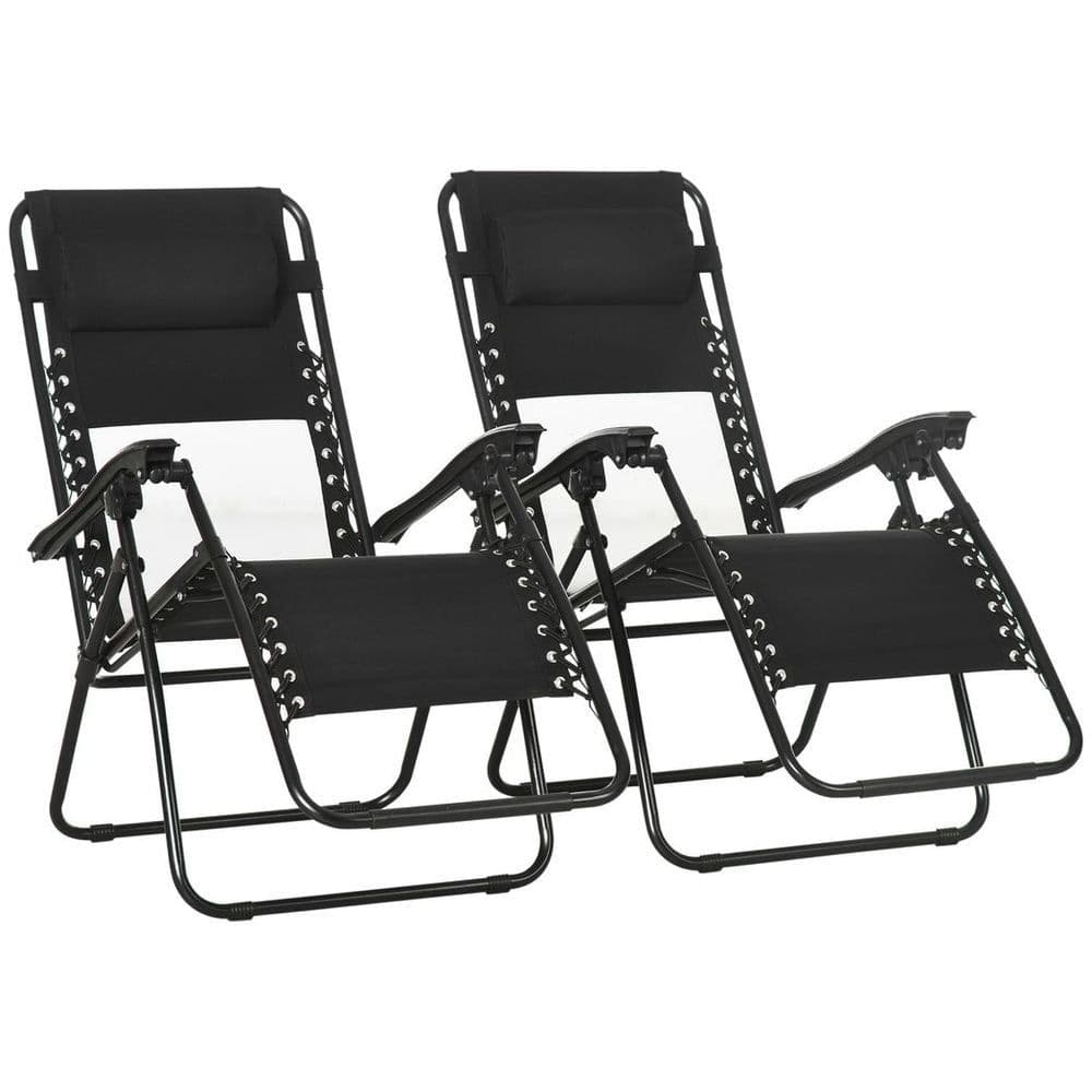 image-Foldable Garden Recliner Chair Set of 2 w/ Footstool & Headrest, Black