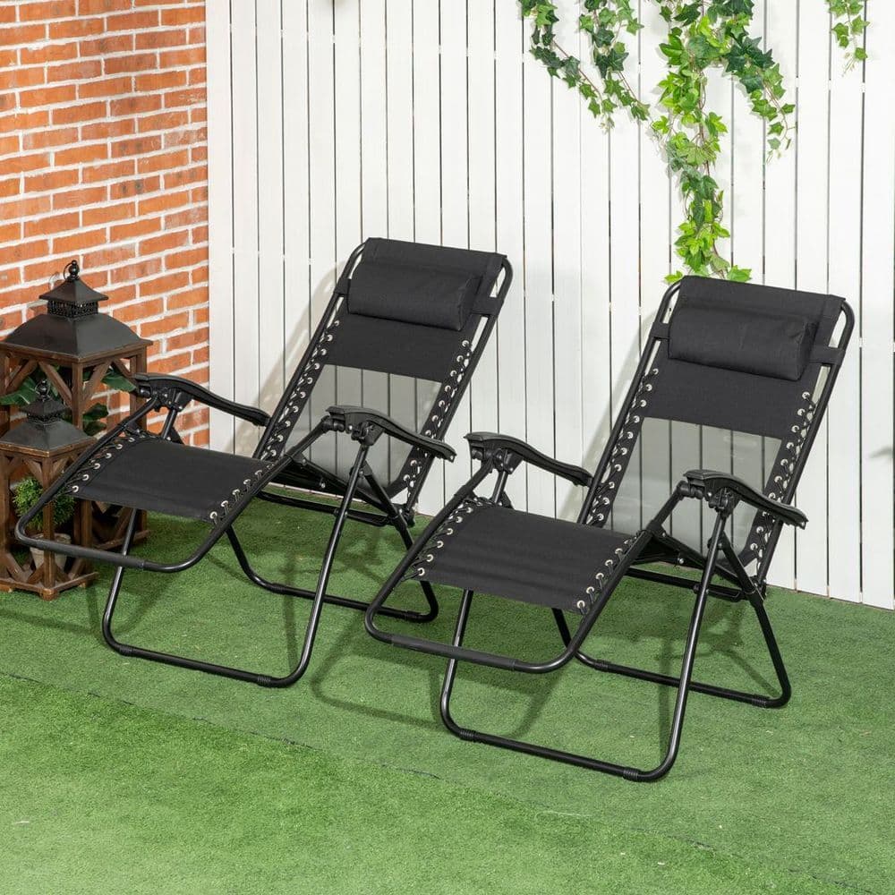 image-Foldable Garden Recliner Chair Set of 2 w/ Footstool & Headrest, Black