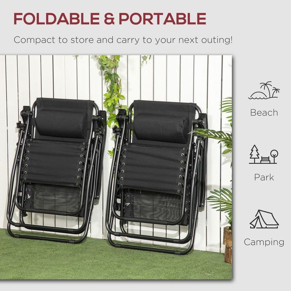 image-Foldable Garden Recliner Chair Set of 2 w/ Footstool & Headrest, Black