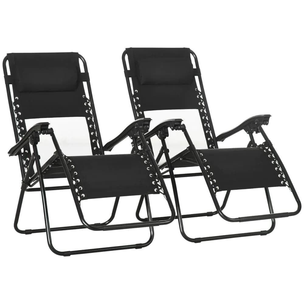 image-Foldable Garden Recliner Chair Set of 2 w/ Footstool & Headrest, Black