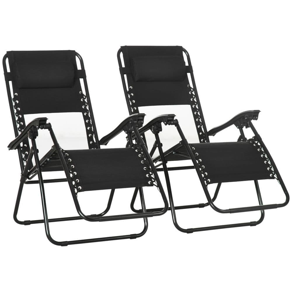 image-Foldable Garden Recliner Chair Set of 2 w/ Footstool & Headrest, Black