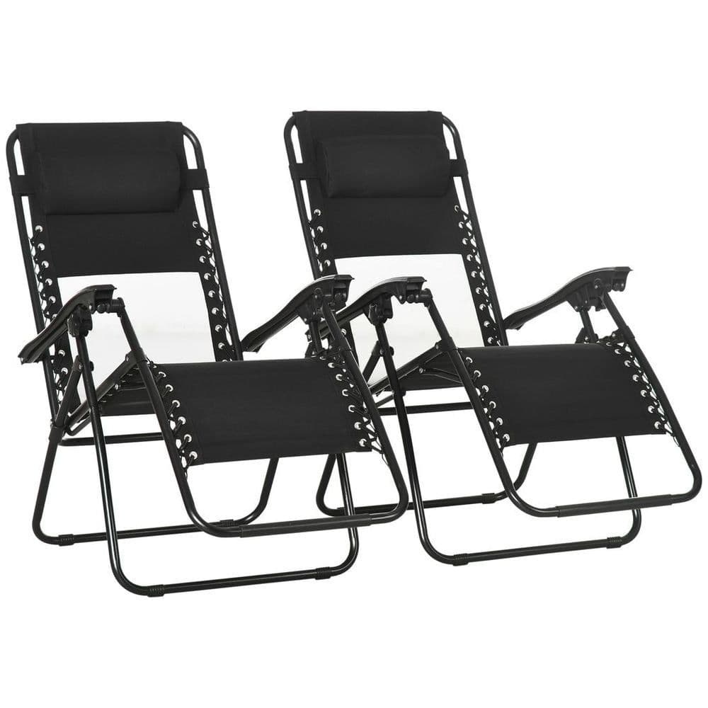 image-Foldable Garden Recliner Chair Set of 2 w/ Footstool & Headrest, Black