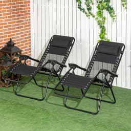 image-Foldable Garden Recliner Chair Set of 2 w/ Footstool & Headrest, Black