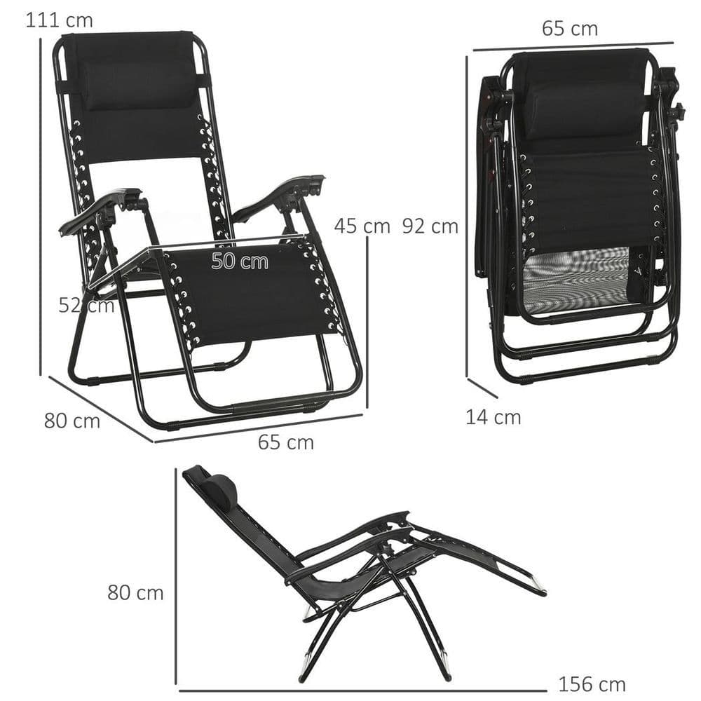 image-Foldable Garden Recliner Chair Set of 2 w/ Footstool & Headrest, Black