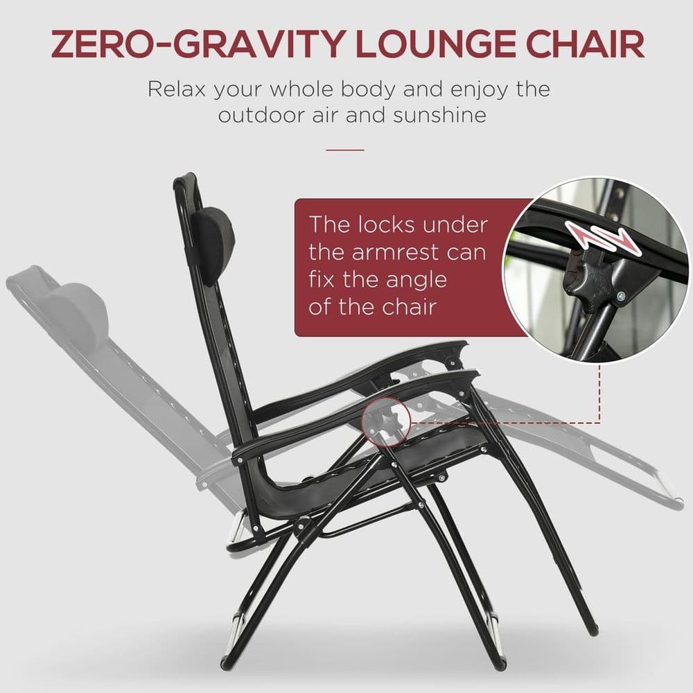 image-Foldable Garden Recliner Chair Set of 2 w/ Footstool & Headrest, Black