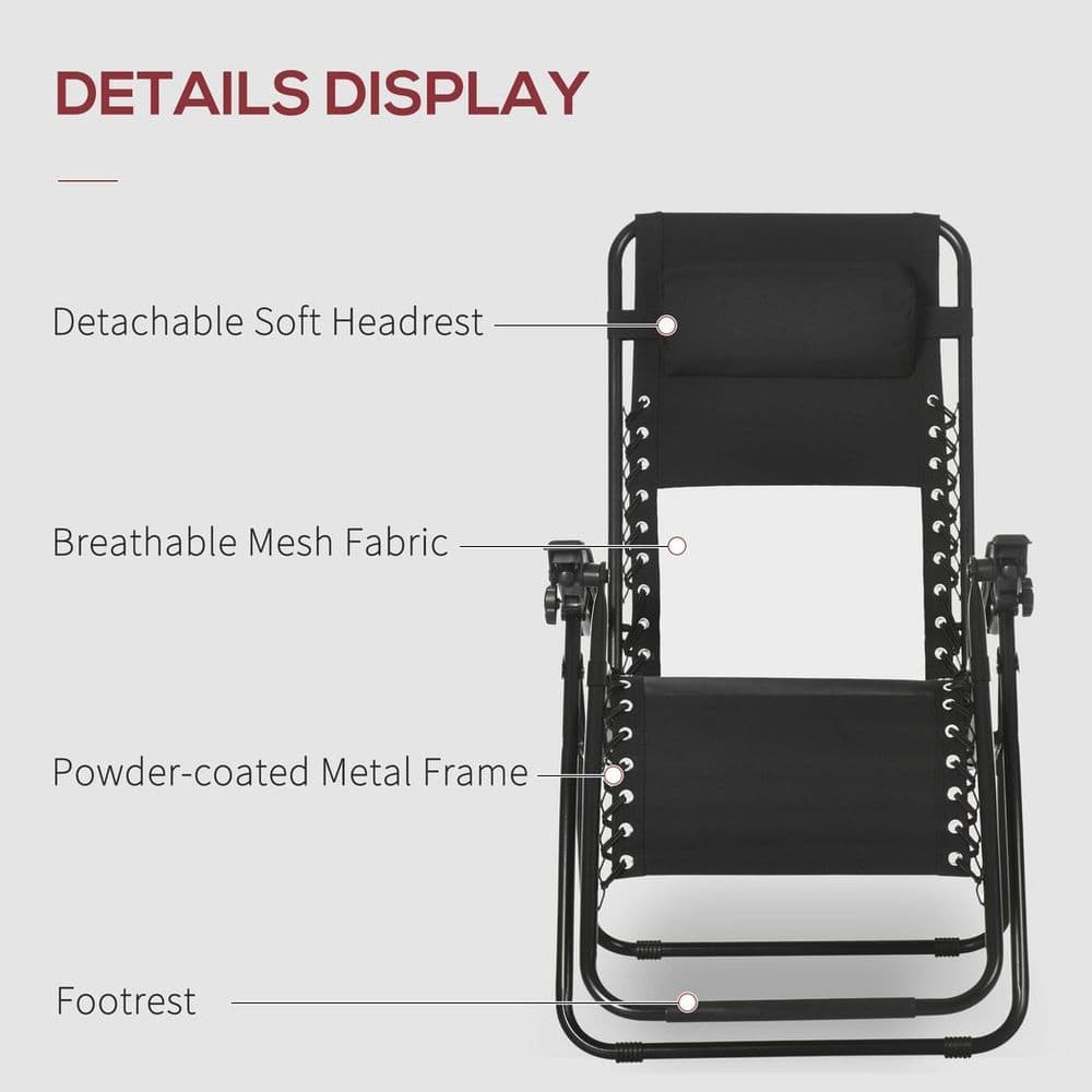 image-Foldable Garden Recliner Chair Set of 2 w/ Footstool & Headrest, Black