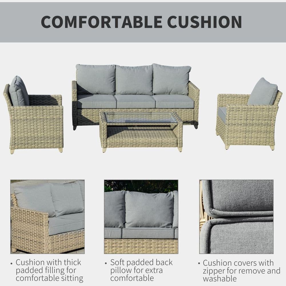 image-4 PCS Patio PE Rattan Sofa Set, Outdoor Conversation Furniture Set
