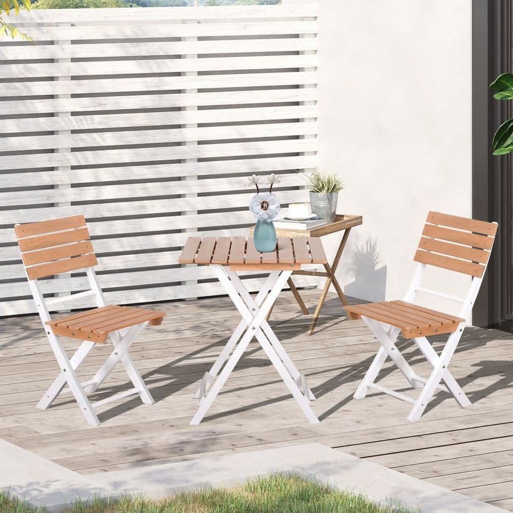image-3Pcs Garden Bistro Set, Folding Outdoor Chairs and Table Set, Natural