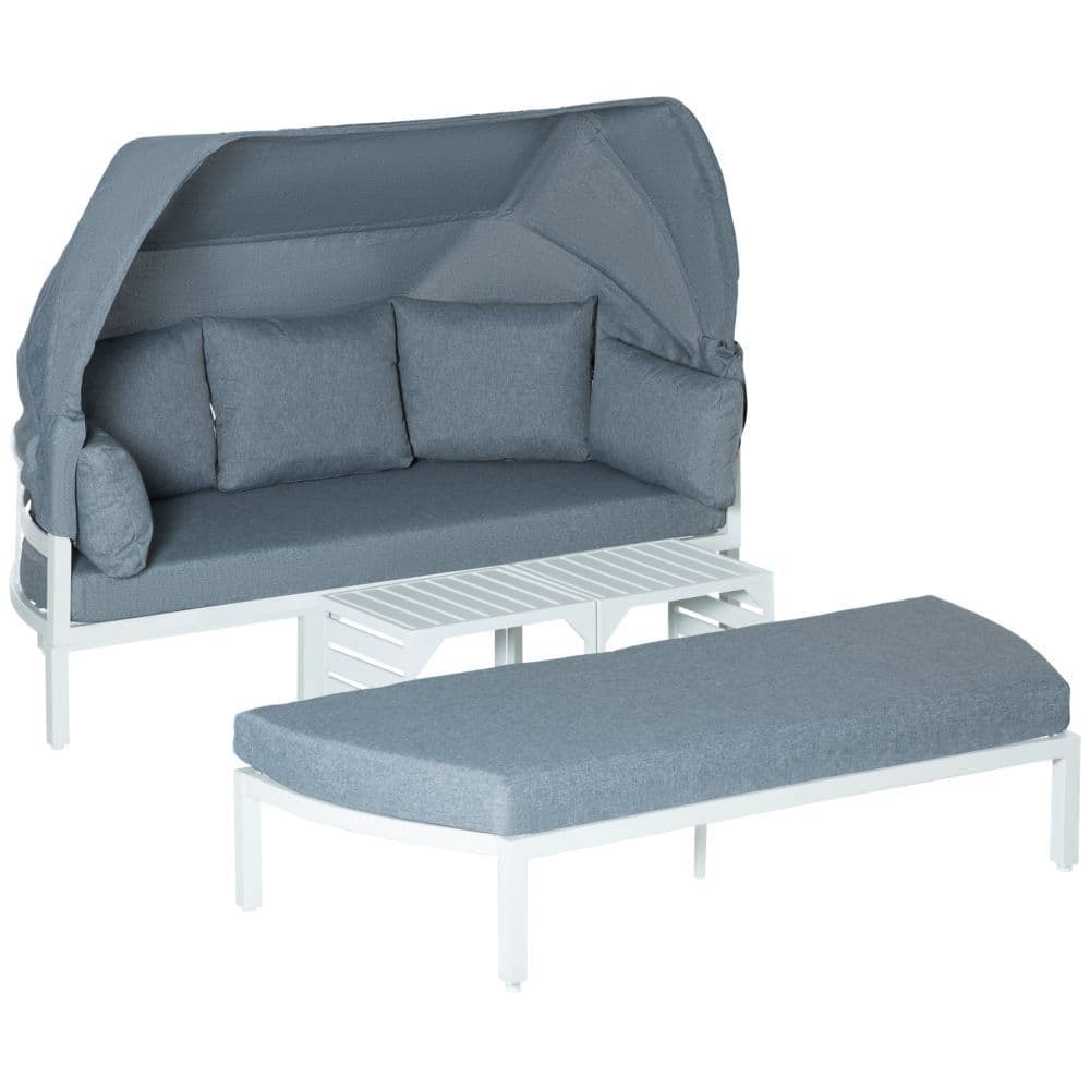 image-4 PCS Outdoor Garden Sofa Set, Lounge Bed with Canopy, Padded Cushions