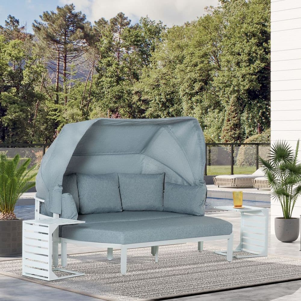 image-4 PCS Outdoor Garden Sofa Set, Lounge Bed with Canopy, Padded Cushions