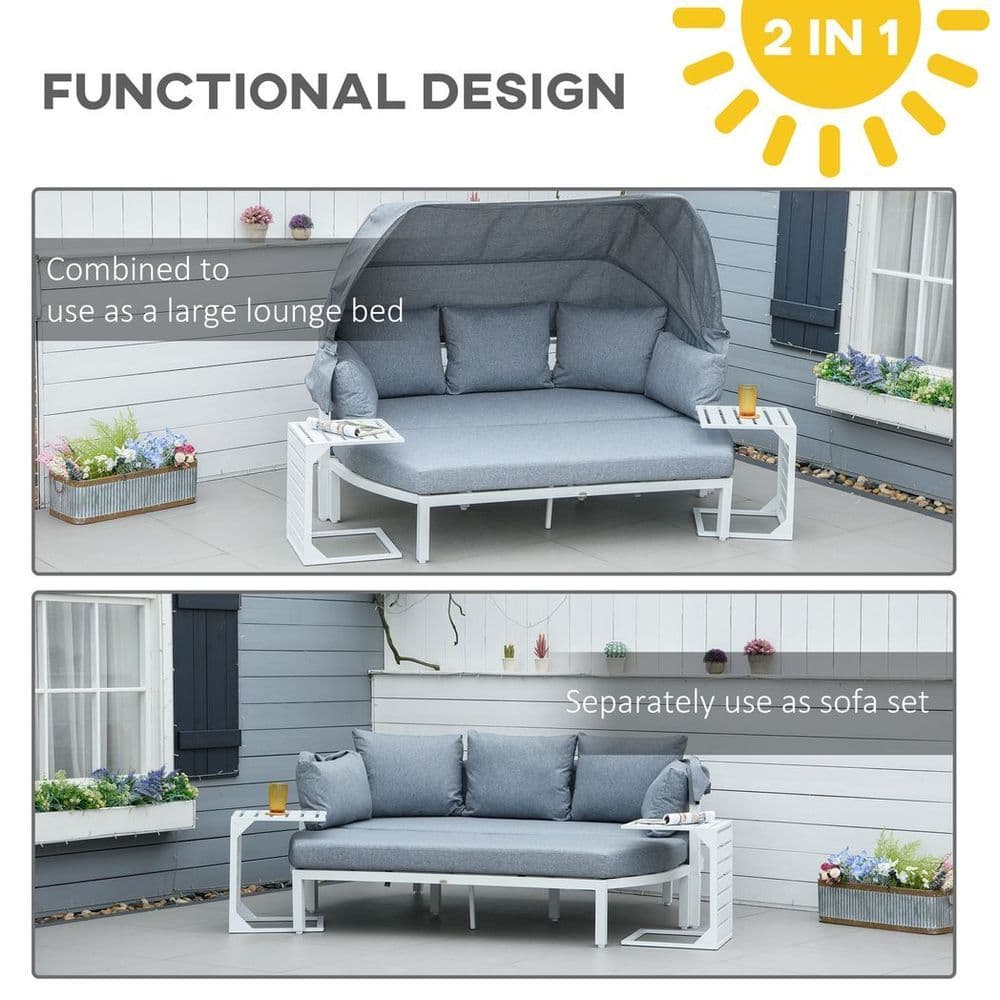 image-4 PCS Outdoor Garden Sofa Set, Lounge Bed with Canopy, Padded Cushions